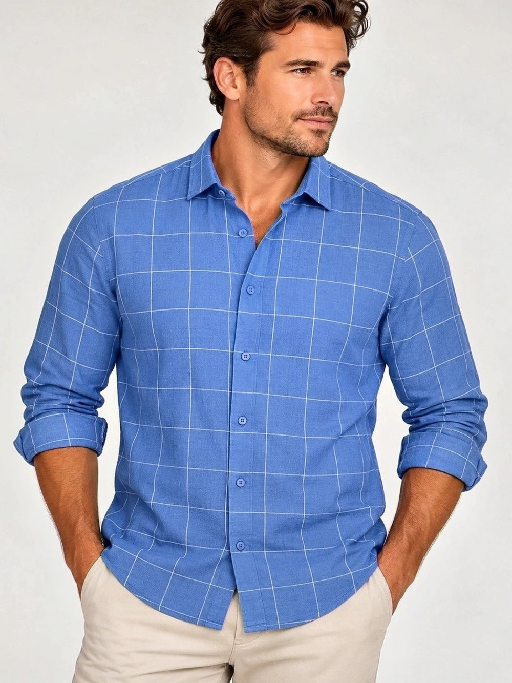 ALFANI Men’s Blue Windowpane Linen Blend Button Down Shirt Size M